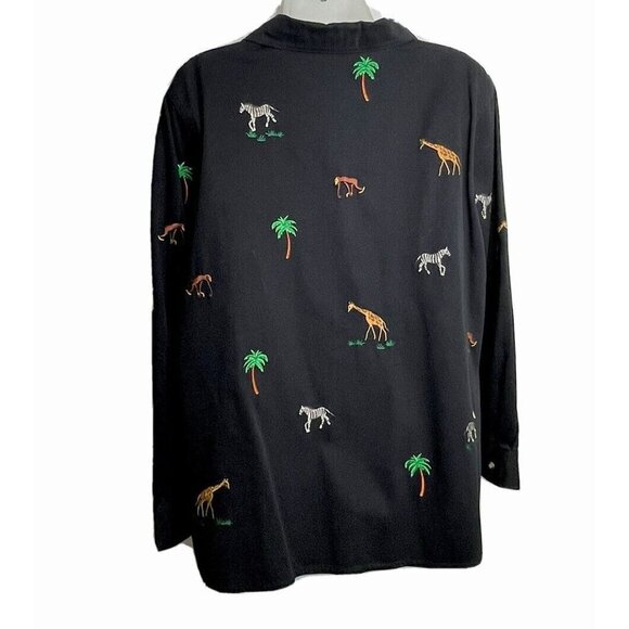 Quacker Factory Jacket Black Embroidered Jungle Animals Palm Trees Zip Up Casual - Picture 2 of 15